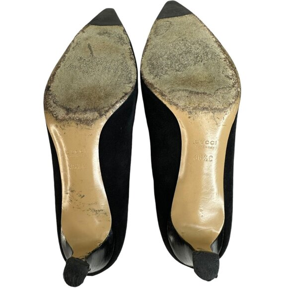 GUCCI Pump Kitten Heels Suede Leather US 6 EU 36.5 Black Pointed Toe Bow Logo - Picture 7 of 15